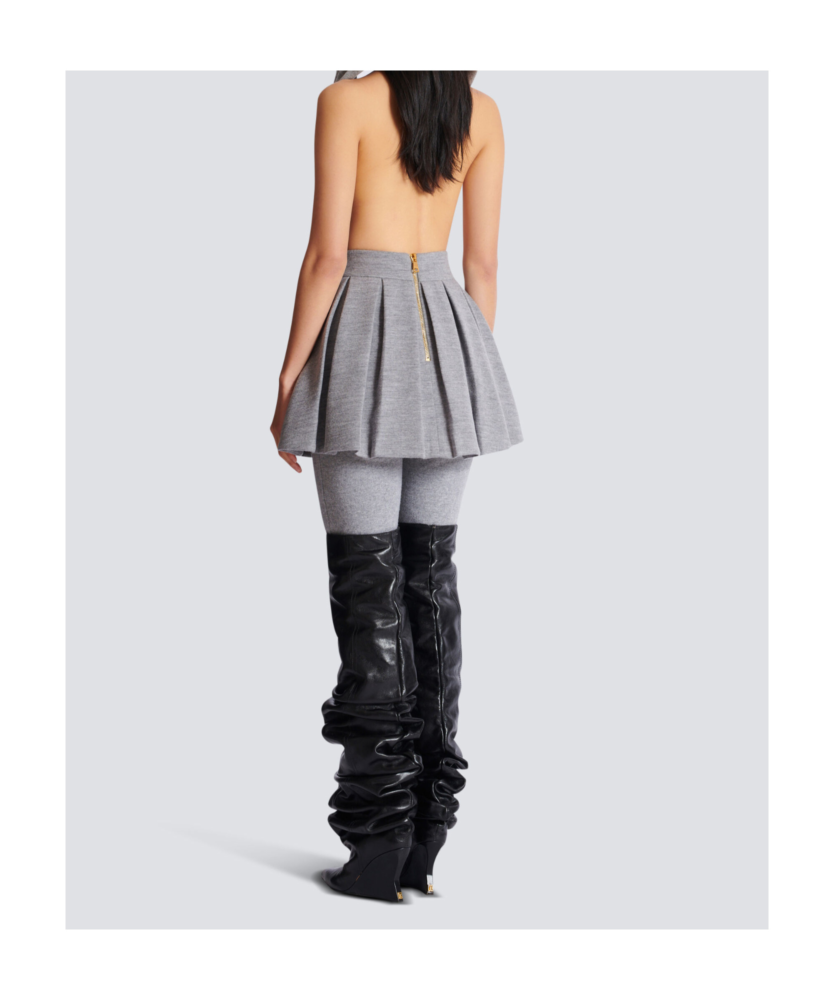 Balmain Short Pleated Cotton Knit Skirt In Gray