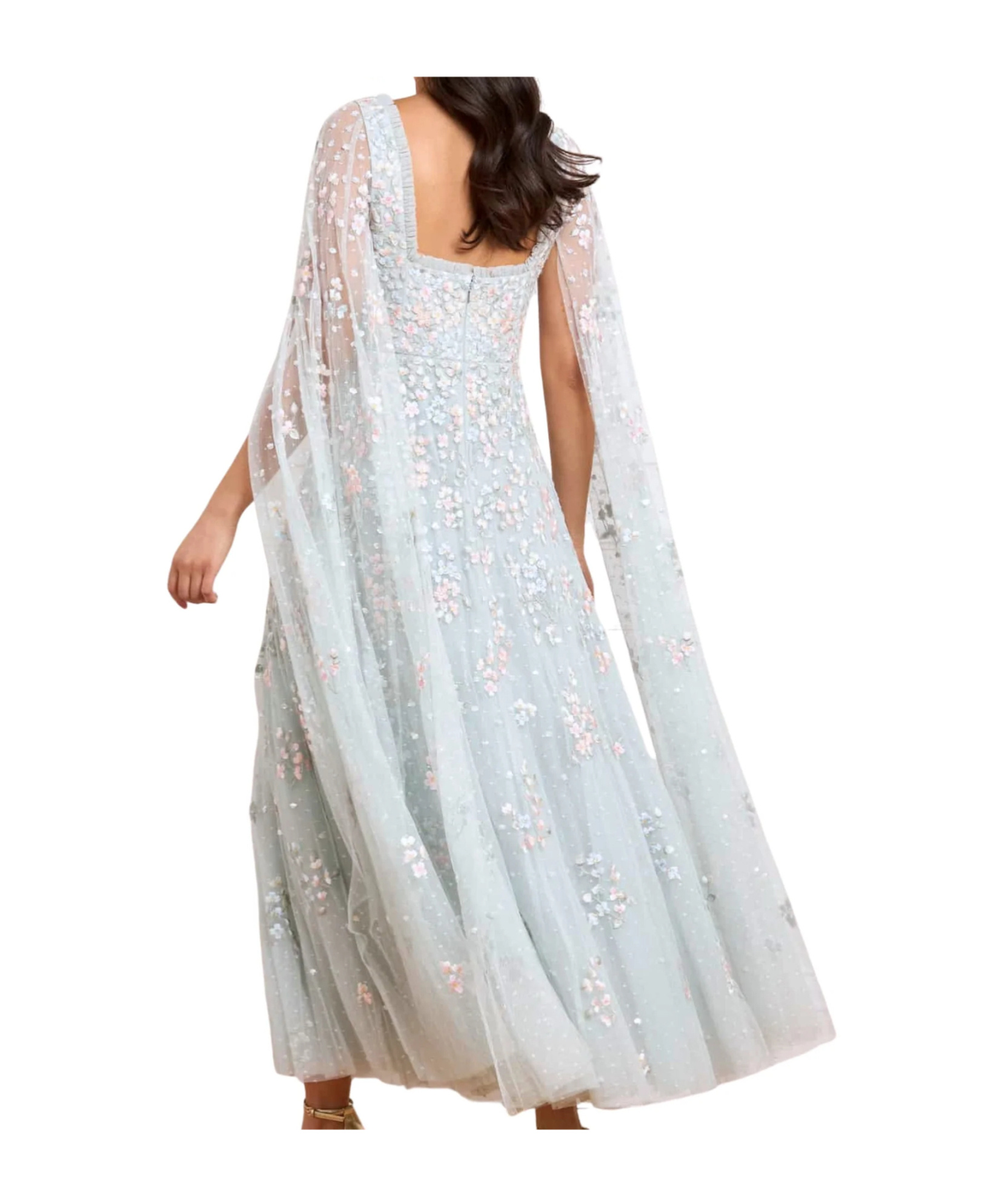 Needle & Thread Floral Cape Sleeve Gown In Blue
