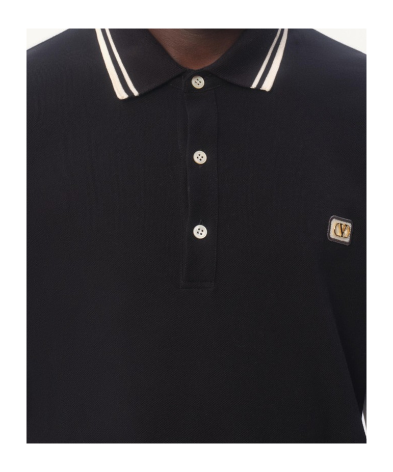 Valentino Garavani Black Polo Shirt With Classic Bicolor Collar And Logo Patch On The Front In Cotto In Black