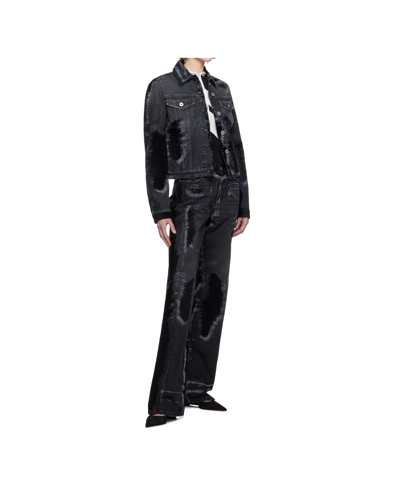 Jean Paul Gaultier Denim Jacket With Black Flock Detailing In Black