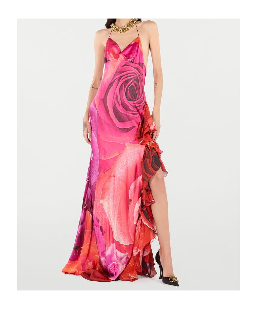 Shop Roberto Cavalli Dress With Rose Print And Flounces