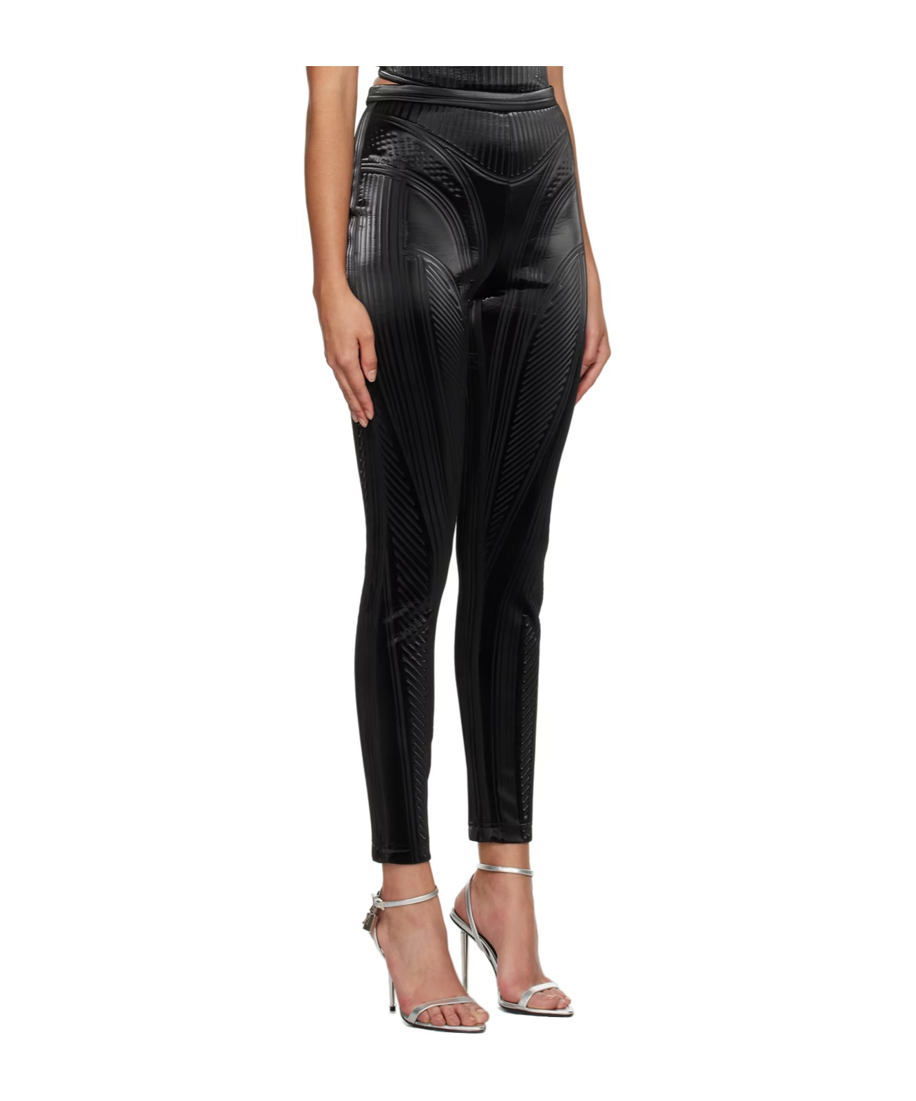 Mugler Stripe-embossed High-waisted Leggings In Black