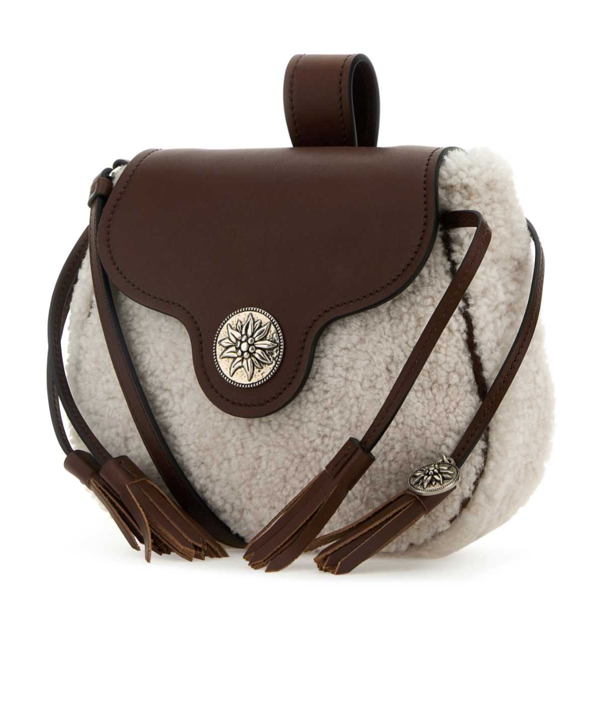 Prada Shearling Crossbody Bag With Tassel And Top Handle In Beige/tan