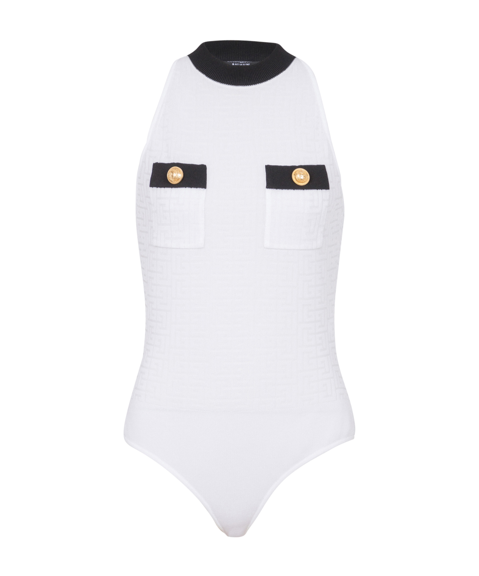Balmain Two-tone Monogrammed Knit Bodysuit In White