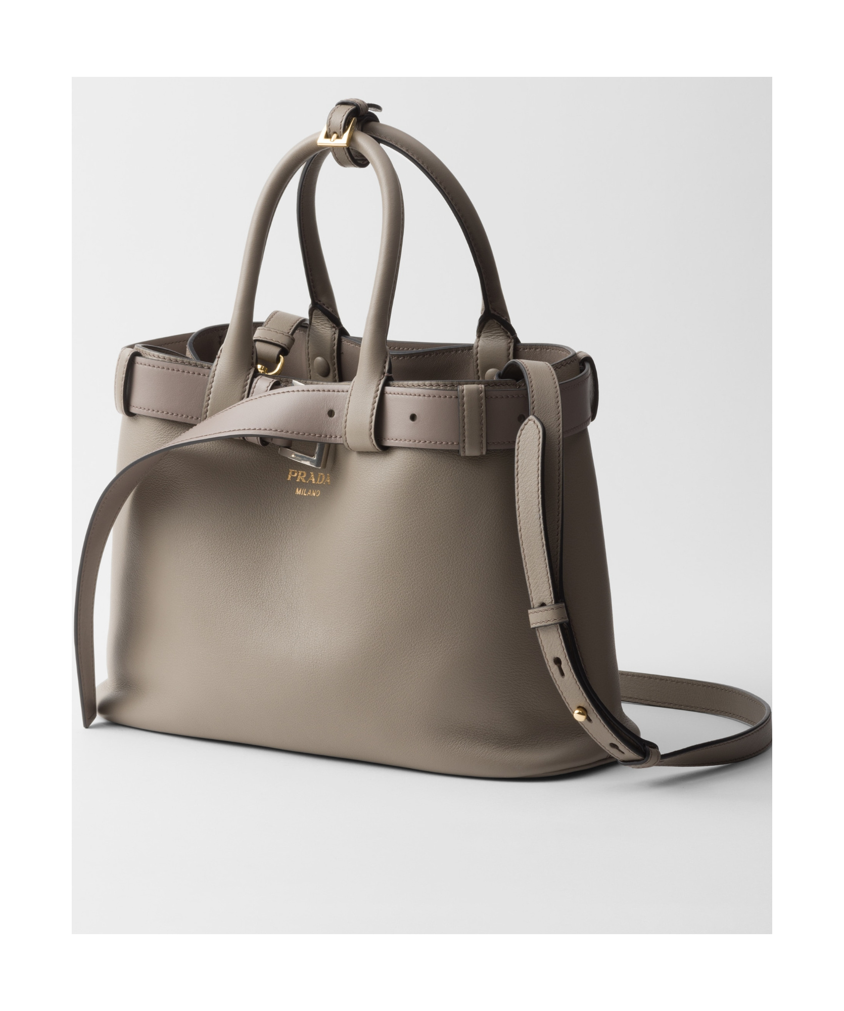 Prada Re-nylon And Leather Medium Top-handle Bag With Padlock In Muddy Gray