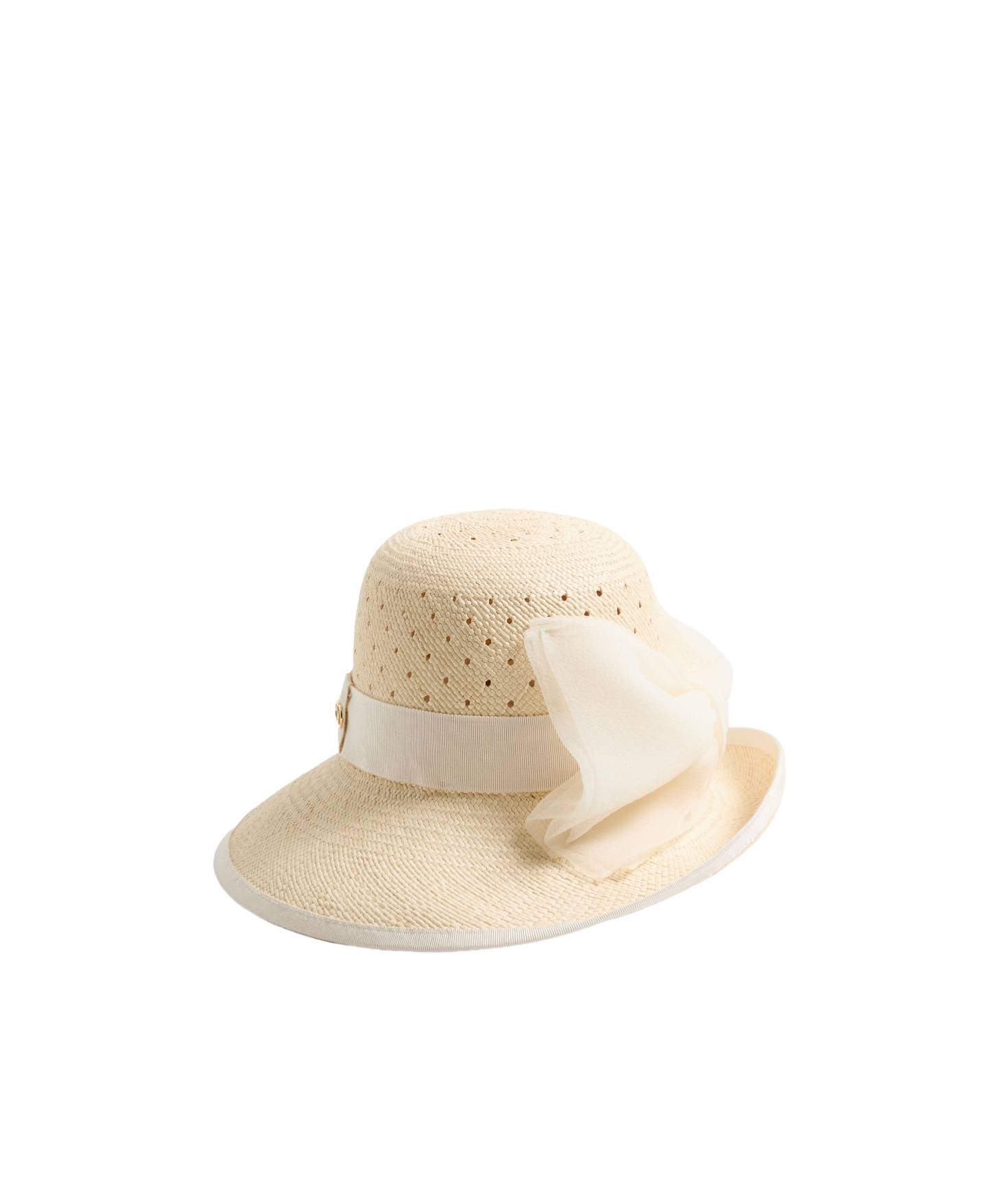 Valentino Vlogo Signature Hat In Perforated Panama With Organza Bow In Neutral