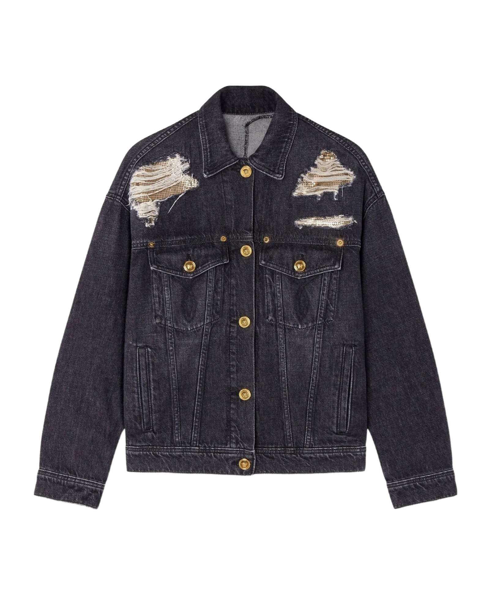 Versace Denim Jacket Distressed Front Pockets In Black