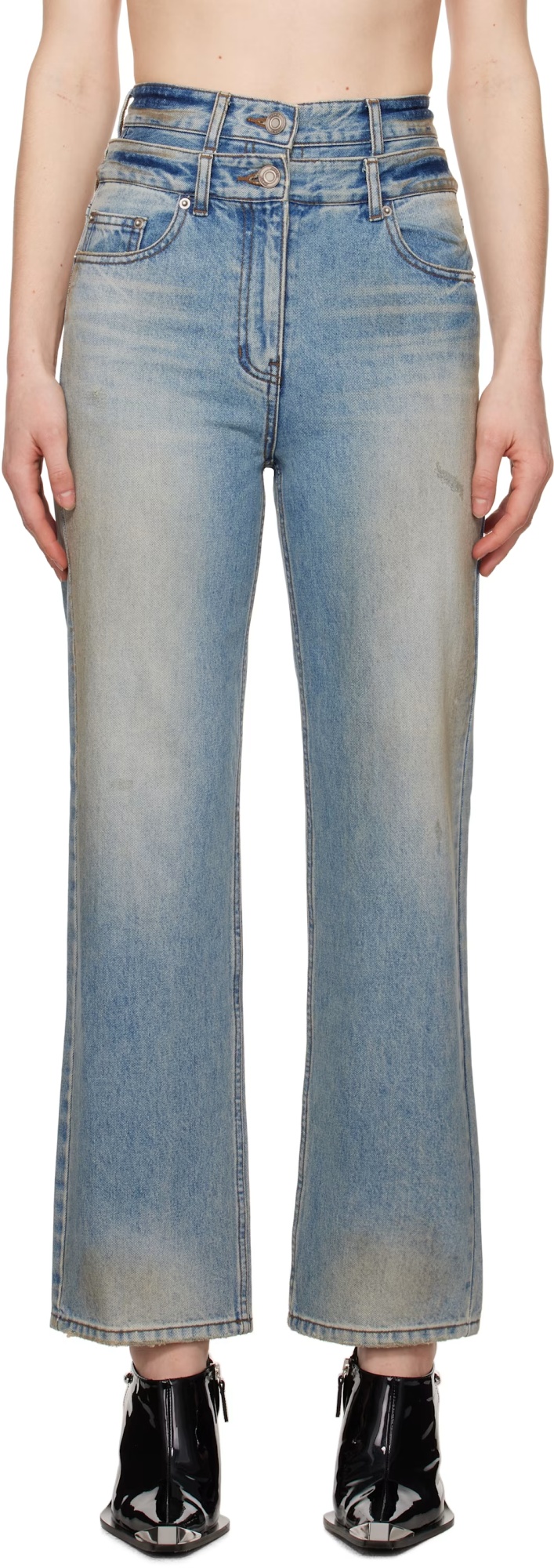 Juunj Blue Double Waist Dirty Jeans In Blue