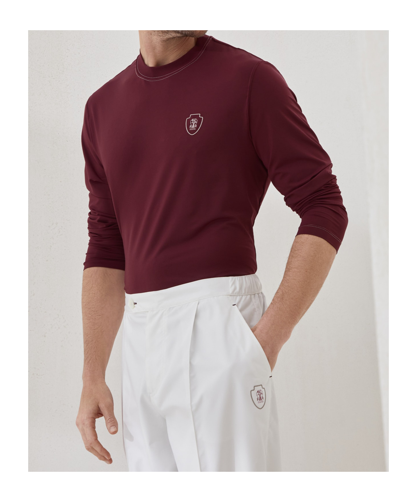 Brunello Cucinelli Comfort Nylon Long Sleeve T-shirt With Logo In Burgundy