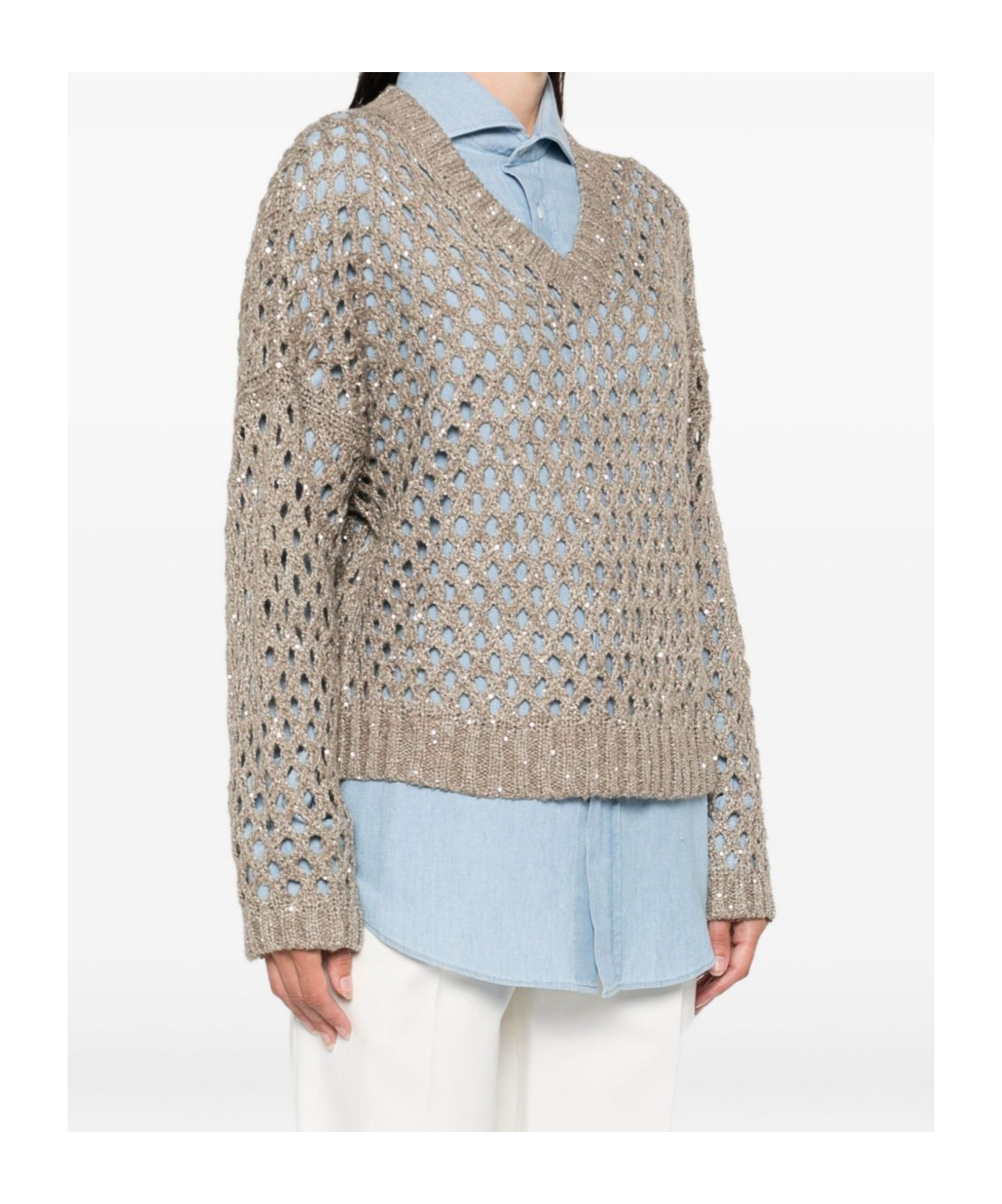 Brunello Cucinelli Sequin Embellished V-neck Knit Sweater In Brown