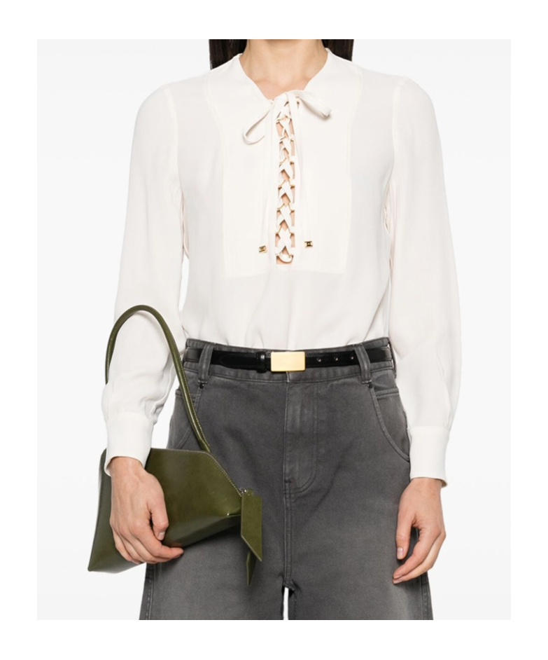 Shop Elisabetta Franchi Lace-up Georgette Blouse In White