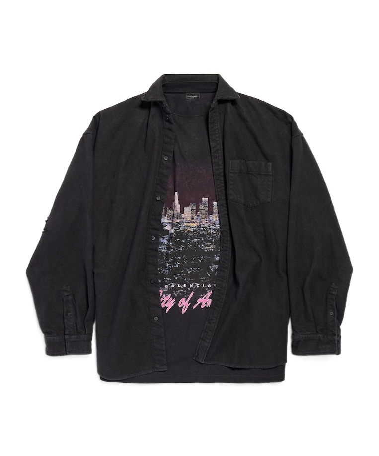 Balenciaga Layered Distressed Long Sleeve Graphic Shirt In Black