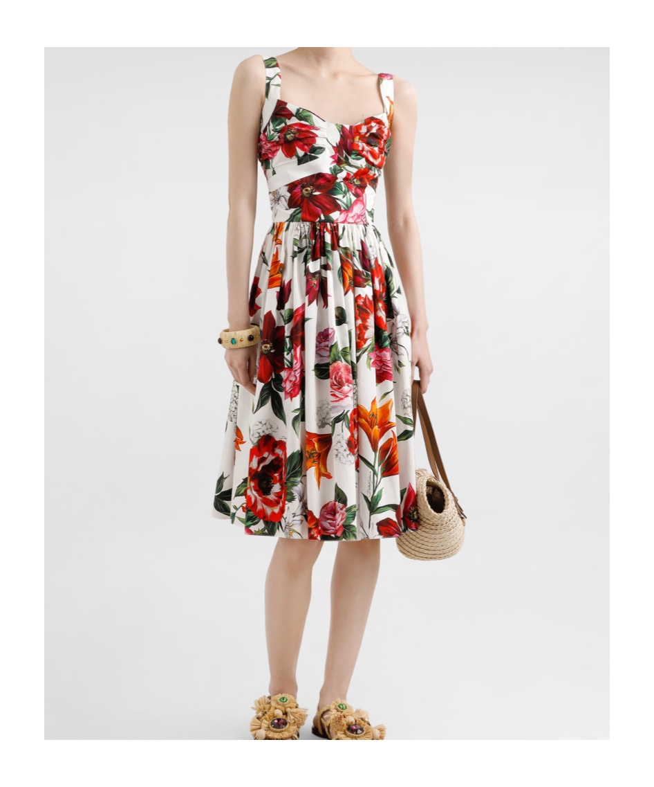 Dolce & Gabbana Multicolor Midi Dress With Wide Neckline And All-over Floral Print In Multi
