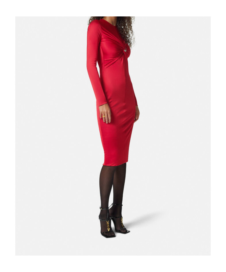 Shop Versace Safety Pin Gathered Midi Dress In Red