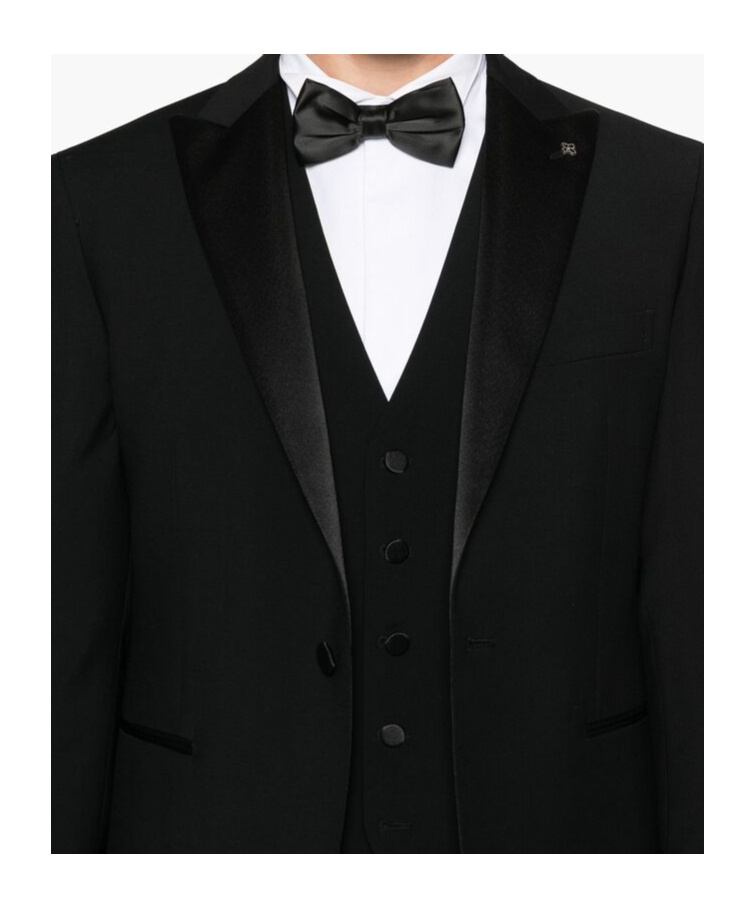 Tagliatore Blue Tailored Suit With Satin Lapel And Shoulders In Black