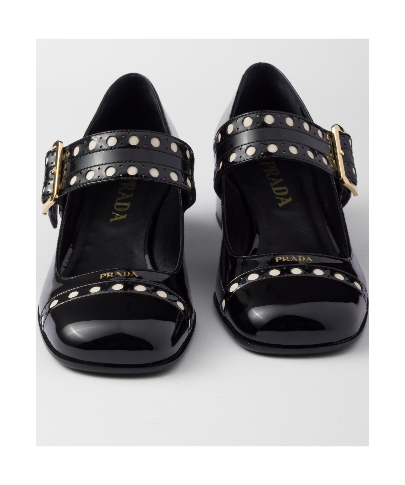 Prada Block Heel Round Toe Patent Finish Studded Detail In Black
