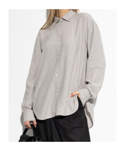 Totême Womens Pale Grey Melange Curved-hem Long-sleeves Woven-blend Shirt In Gray