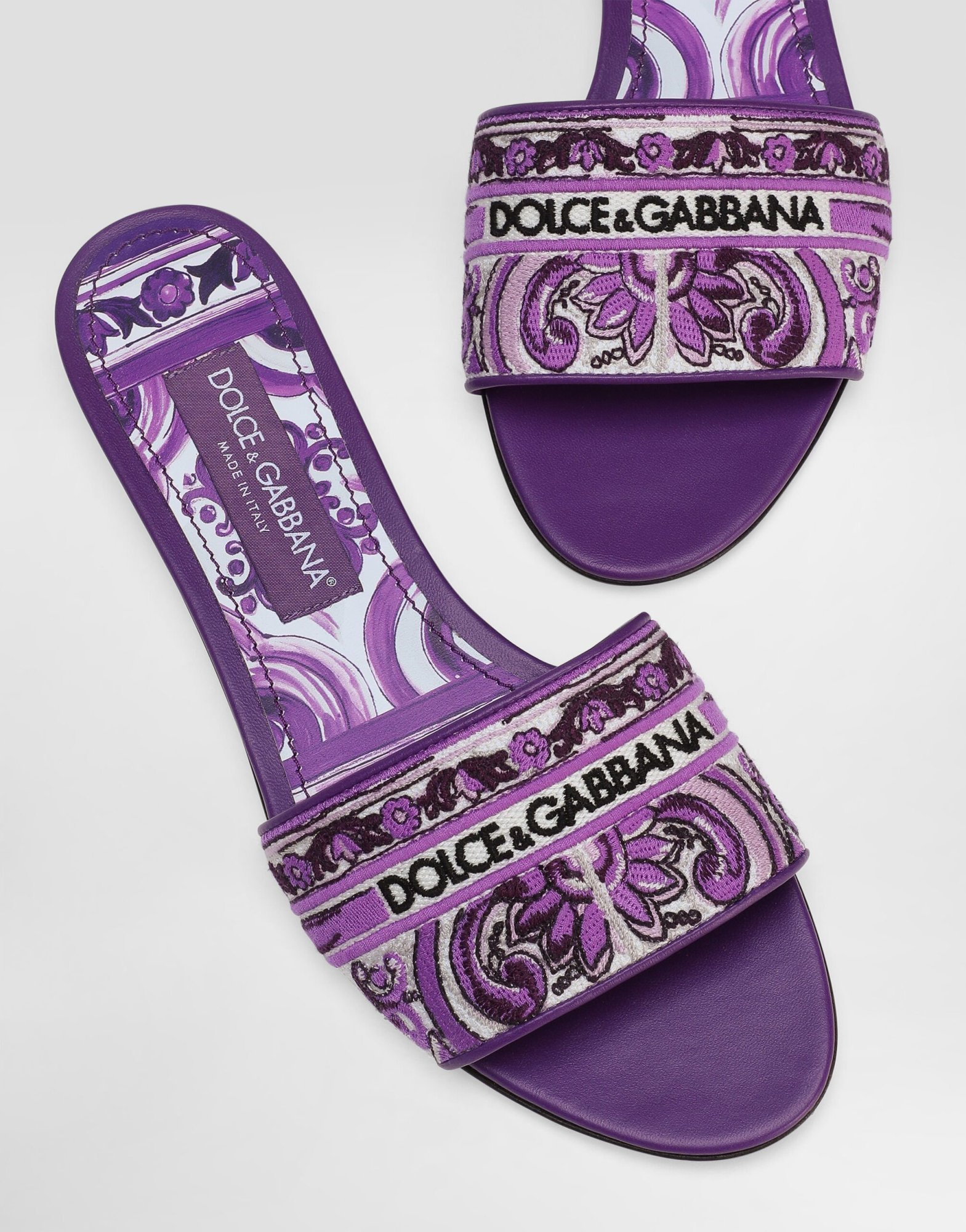 Dolce & Gabbana Violet Sandals With Logo Embroidery On The Front And All-over Majolica Motif In Cotton Blend Woman In Purple
