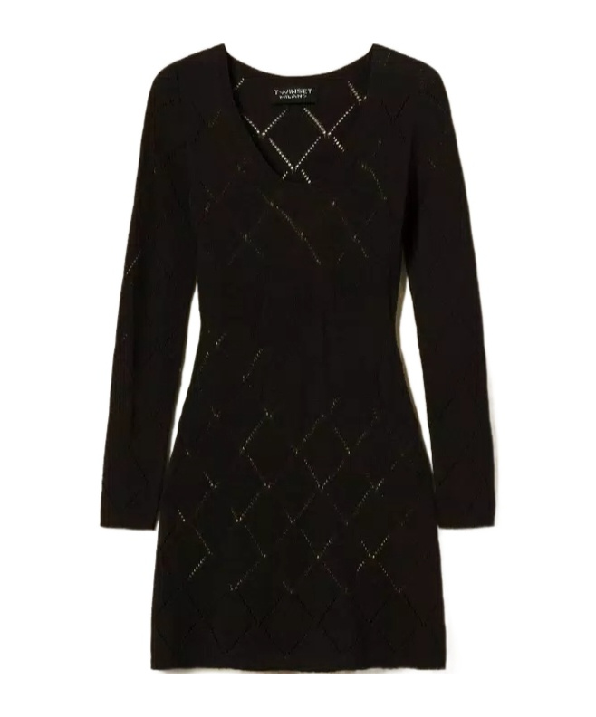 Twinset Diamond-pattern Long-sleeve Mini Dress In Black