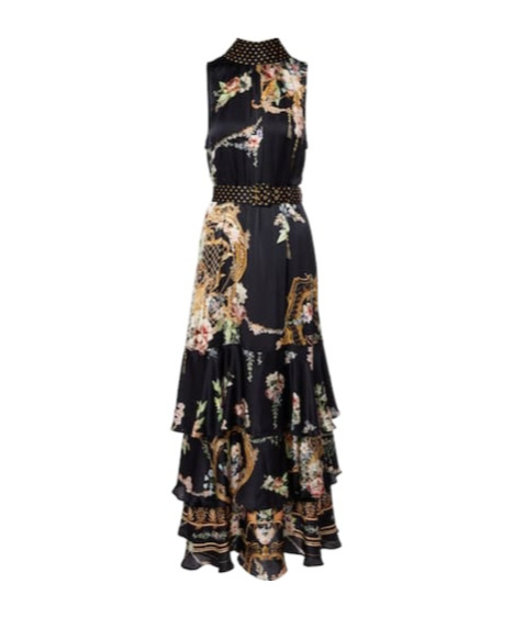 Camilla Belted Floral Tiered Silk Maxi Dress In Black
