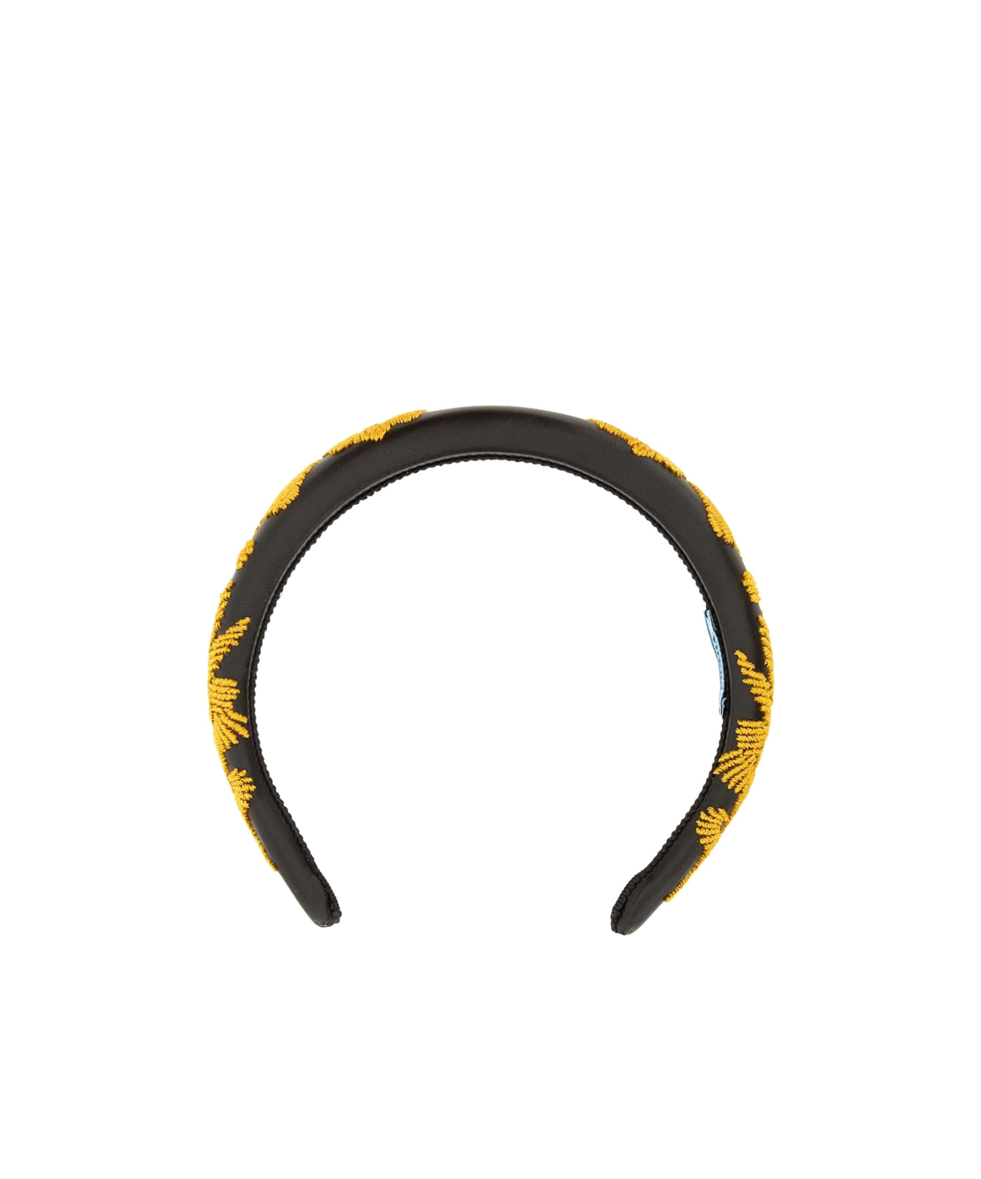 Prada Leather Hairband With Embroidered Floral Motif In Black