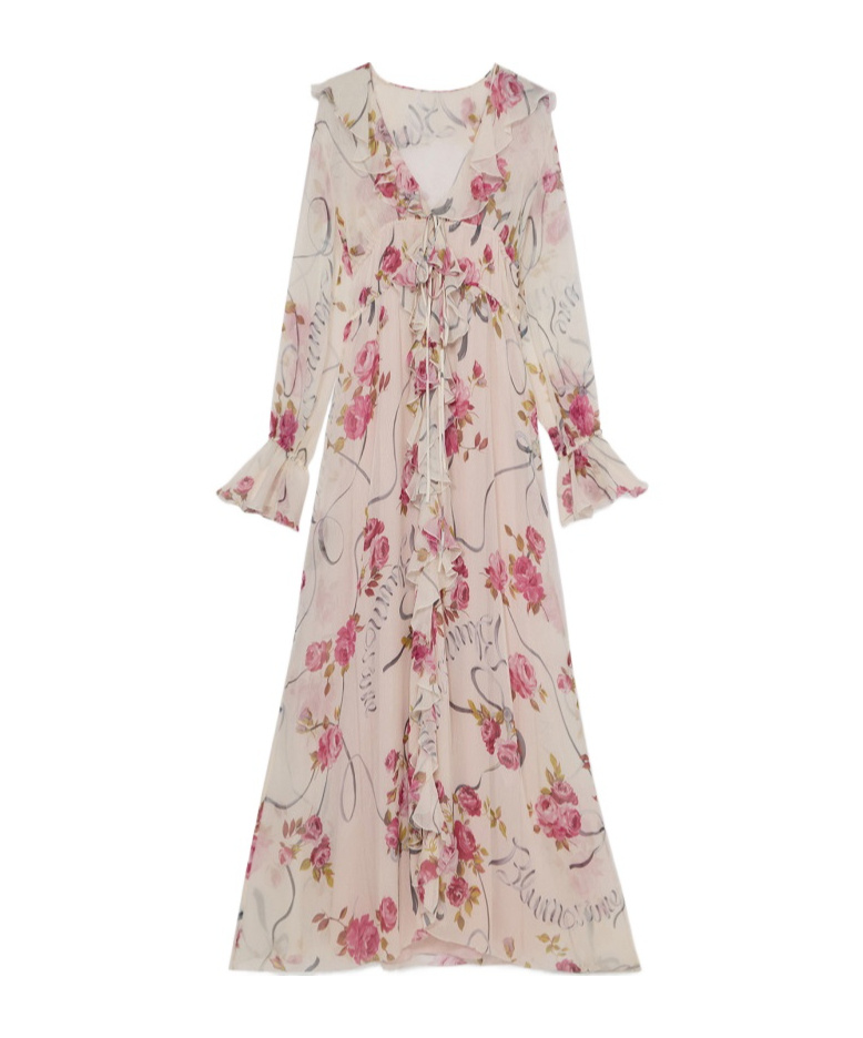 Blumarine Printed Crepe Ruffle Dress In Nude