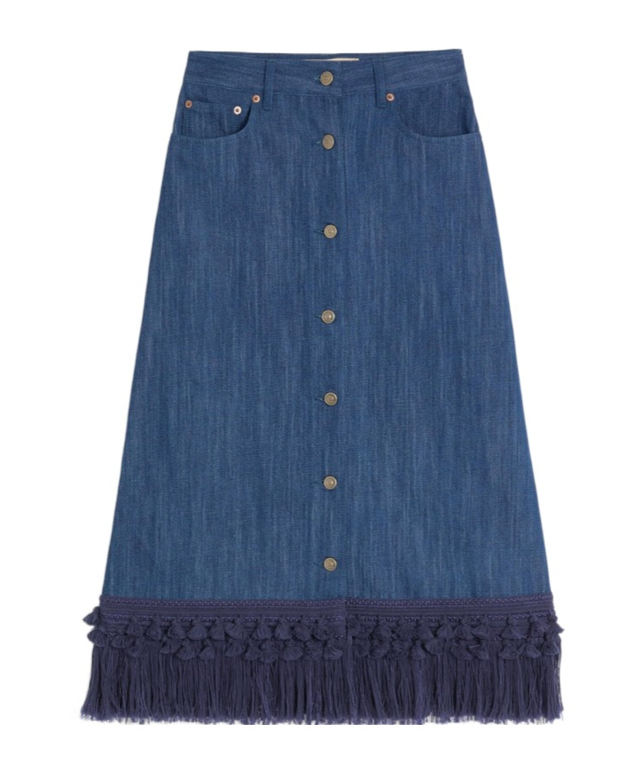 Valentino Tasseled Fringed Denim Midi Skirt In Blue