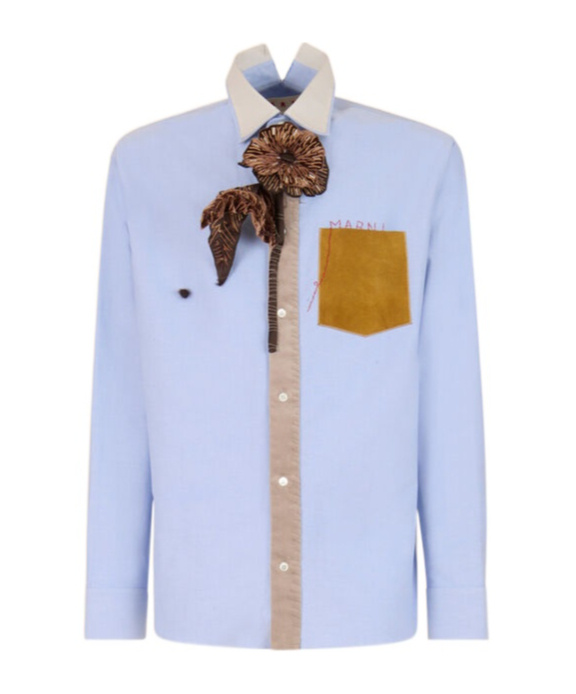 Marni Contrast-collar Embroidered-pocket Shirt In Blue