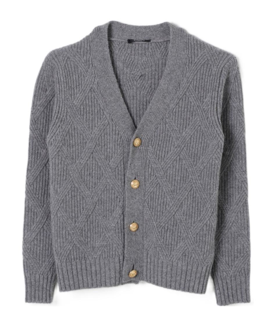Balmain Long-sleeved V-neck Knitted Cardigan In Gray