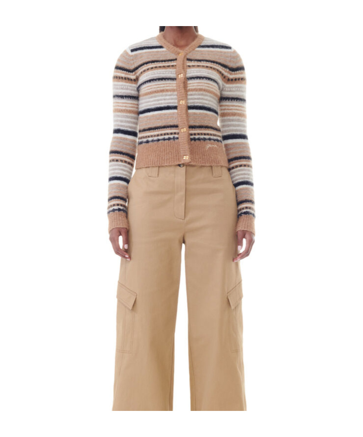 Ganni Regular Fit Cardigan With Stripe Pattern In Nude