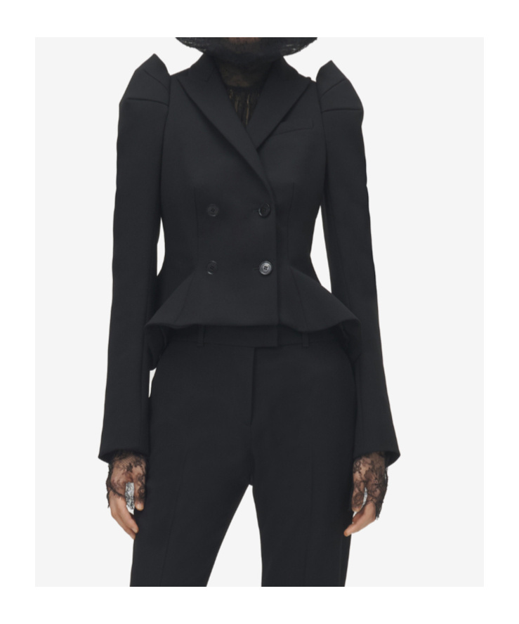 Alexander Mcqueen Mcqueen Pleated Puff Shoulder Stretch Wool Crop Jacket In Black