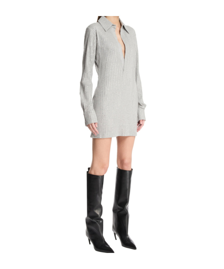 Attico Rhinestone Shirt Dress In Gray