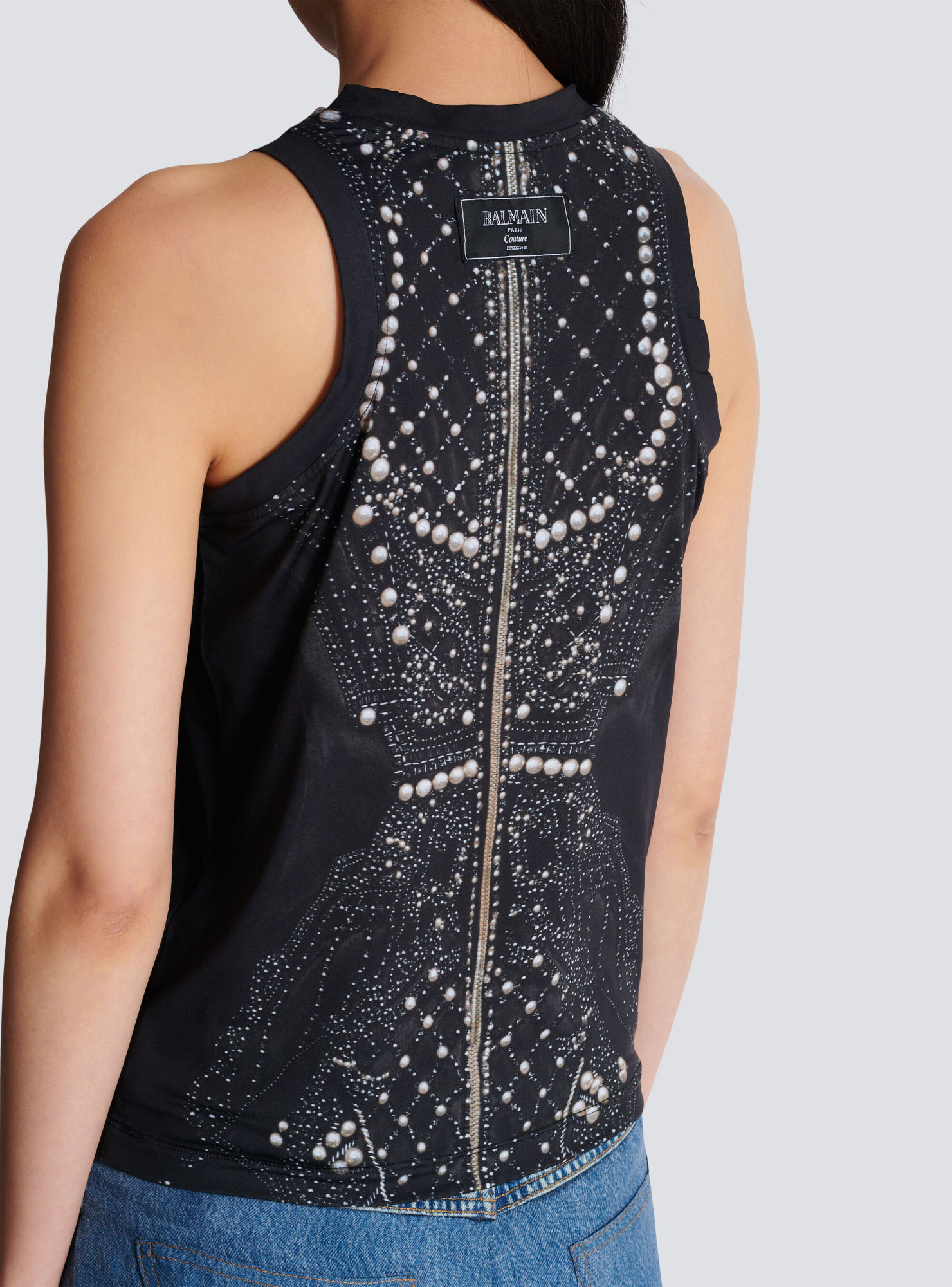Balmain Soft Tank Top With Faux Embroidery Print In Black