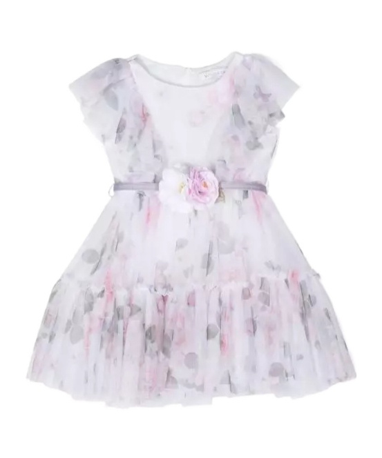 Monnalisa Rose-print Tiered Tulle Dress In White
