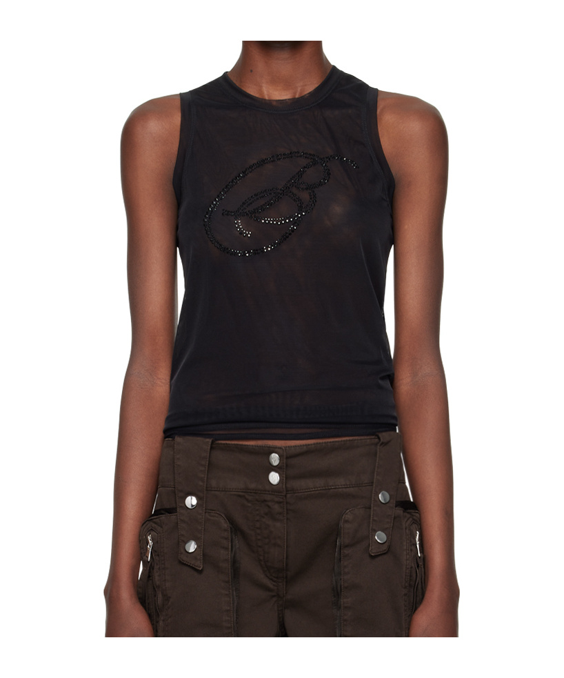 Blumarine Rhinestone-b Tulle Top In Black