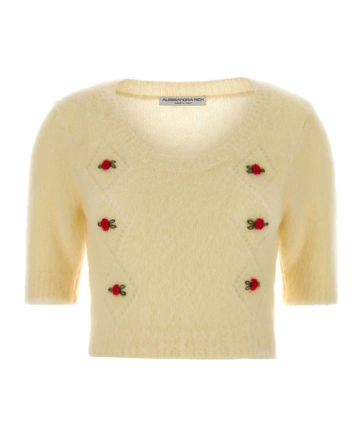 Alessandra Rich Cropped Mohair Blend Sweater Short Sleeves Round Neck In Neutral