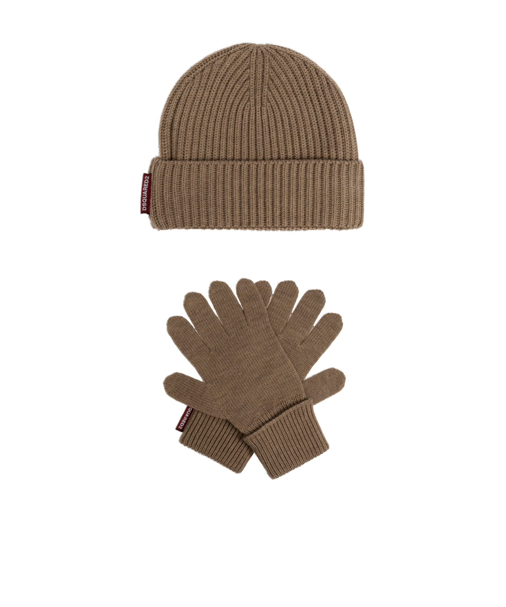 Dsquared2 Knitted Wool Beanie And Gloves Set In Brown