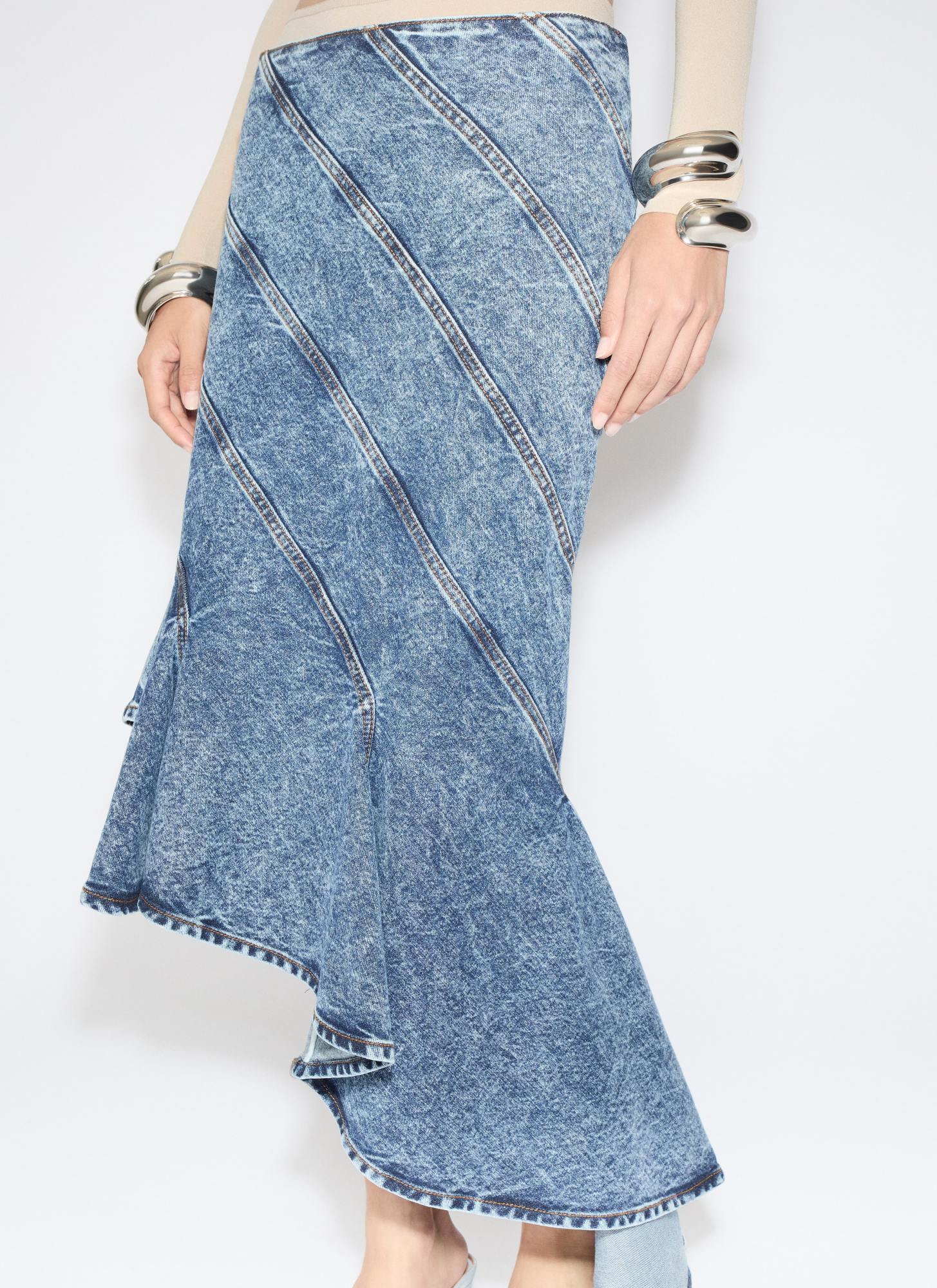 Alaïa Spiral Design Denim Midi Skirt With Hem In Blue