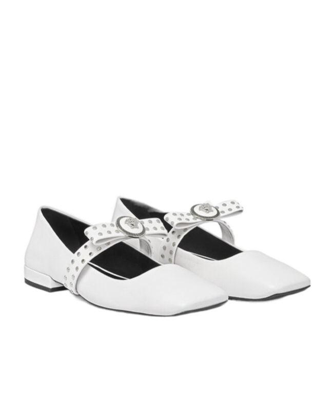 Versace Medusa Bow Open Toe Mary Jane Flat In White