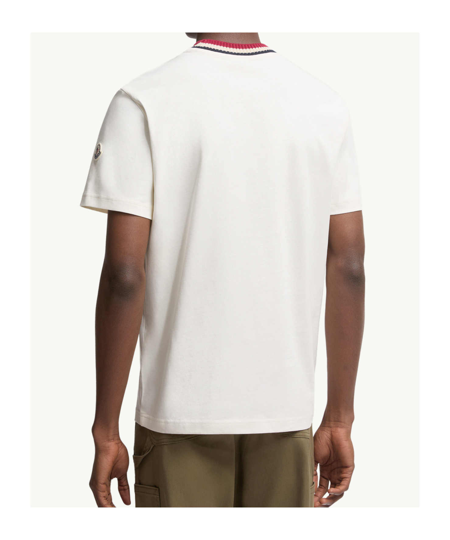 Moncler White Cotton T-shirt With A Contrasting Ribbed Striped Collar And Logo In White