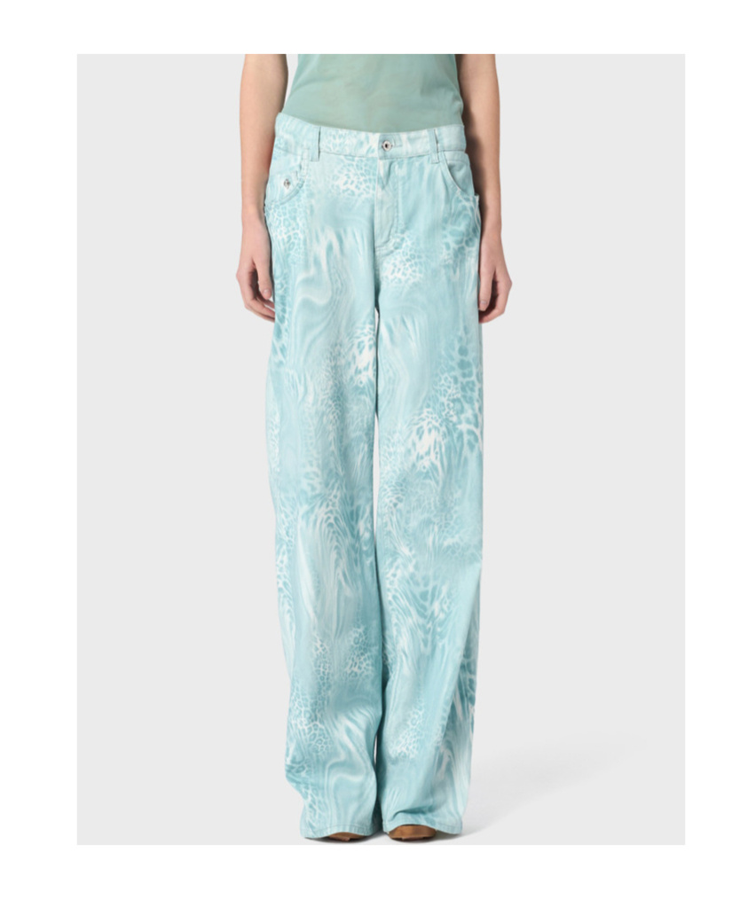 Blumarine Cotton Bull Jeans With Liquid Leopard Print In Blue