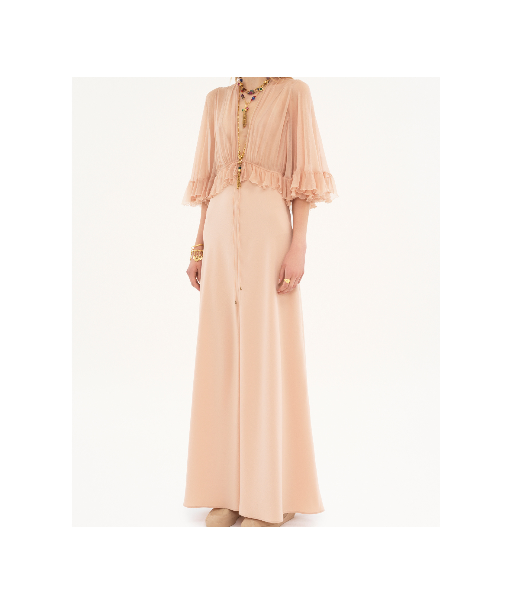 Chloé Robe Longue À Col En V En Crêpe De Satin Femme Rose Taille 40 100% Soie In Nude