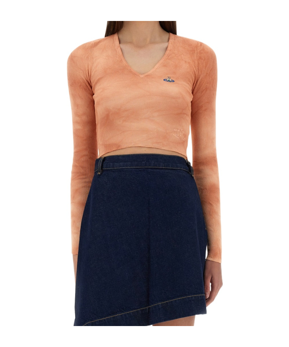 Vivienne Westwood Cropped Ribbed V-neck Slim Fit Top In Brown