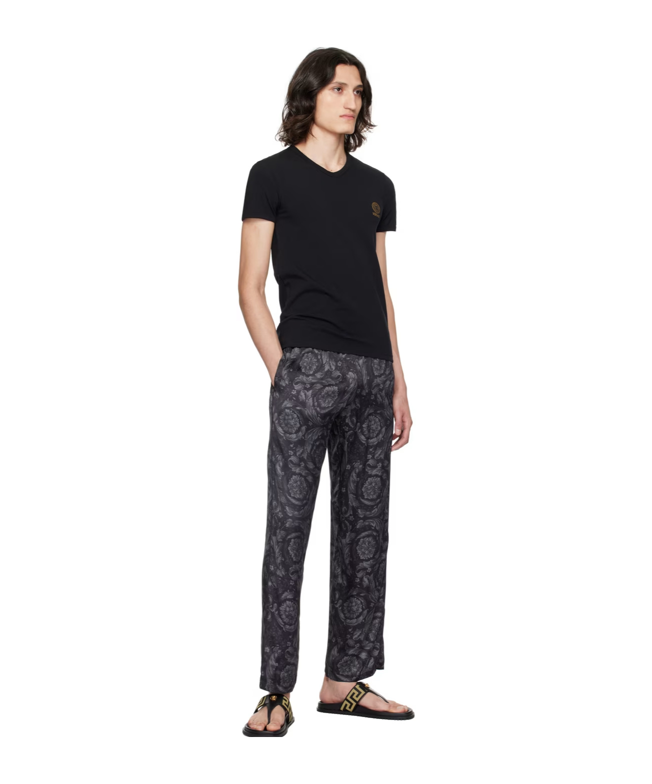 Versace Black Crewneck T-shirt With Medusa Logo Print In Stretch Cotton Man In Black
