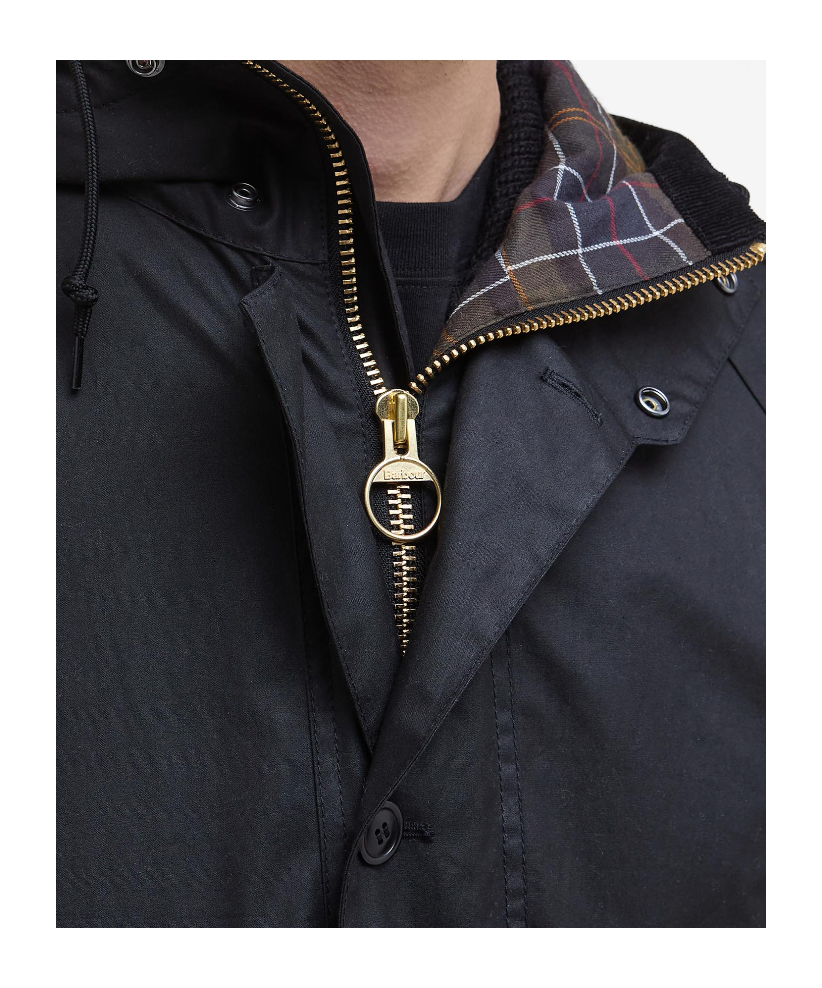Barbour Long Hooded Jacket Flap Pockets In Black