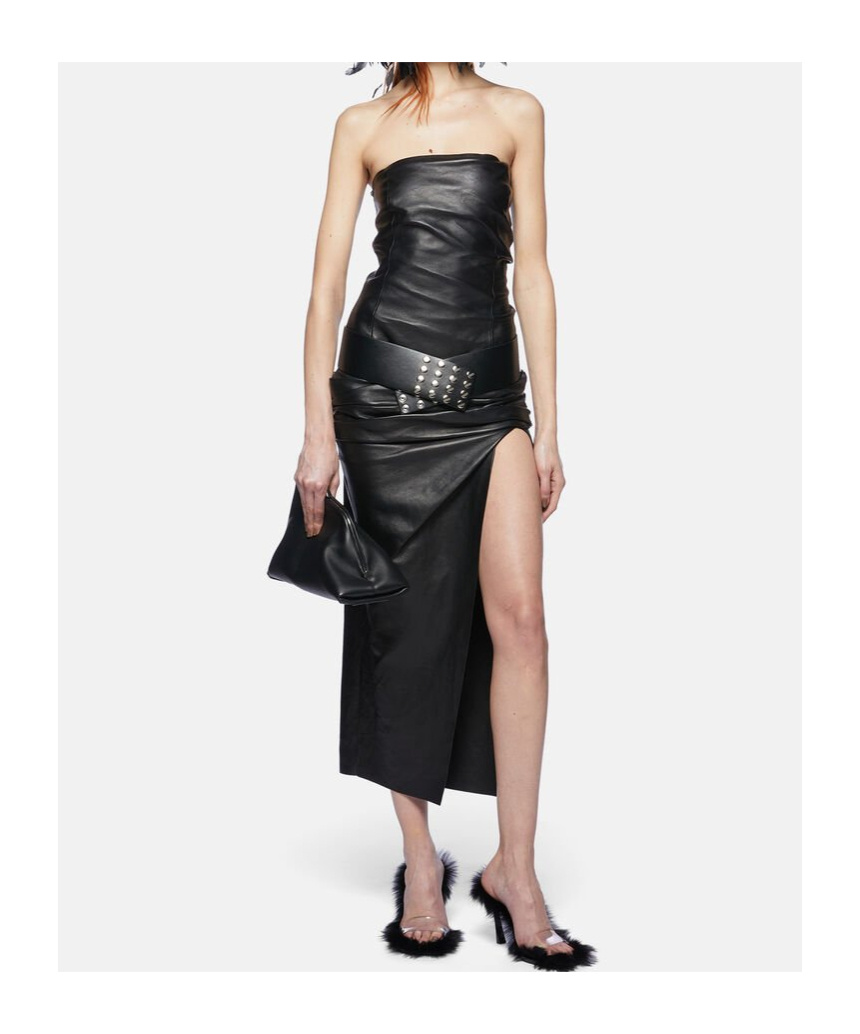 Attico Black Sleeveless Off-shoulder Midi Dress With Front Single Slit And Ruched Waist In Black