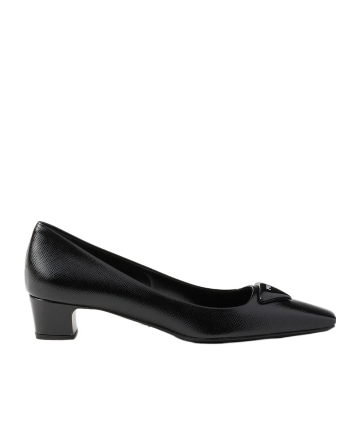 Prada Triangle Saffiano Patent Pump In Black