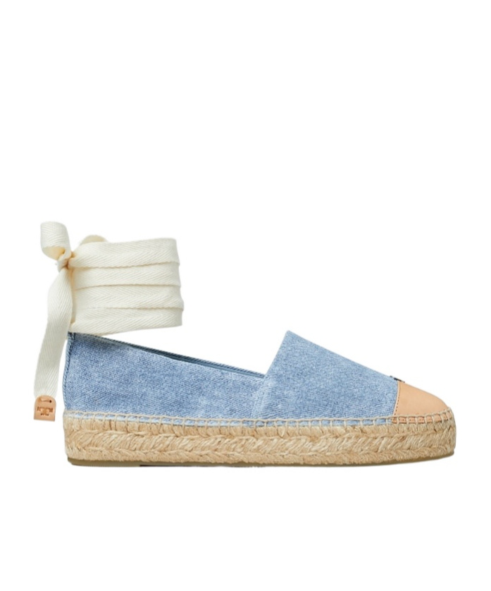 Tory Burch Bicolor Denim Ankle-wrap Espadrilles In Blue
