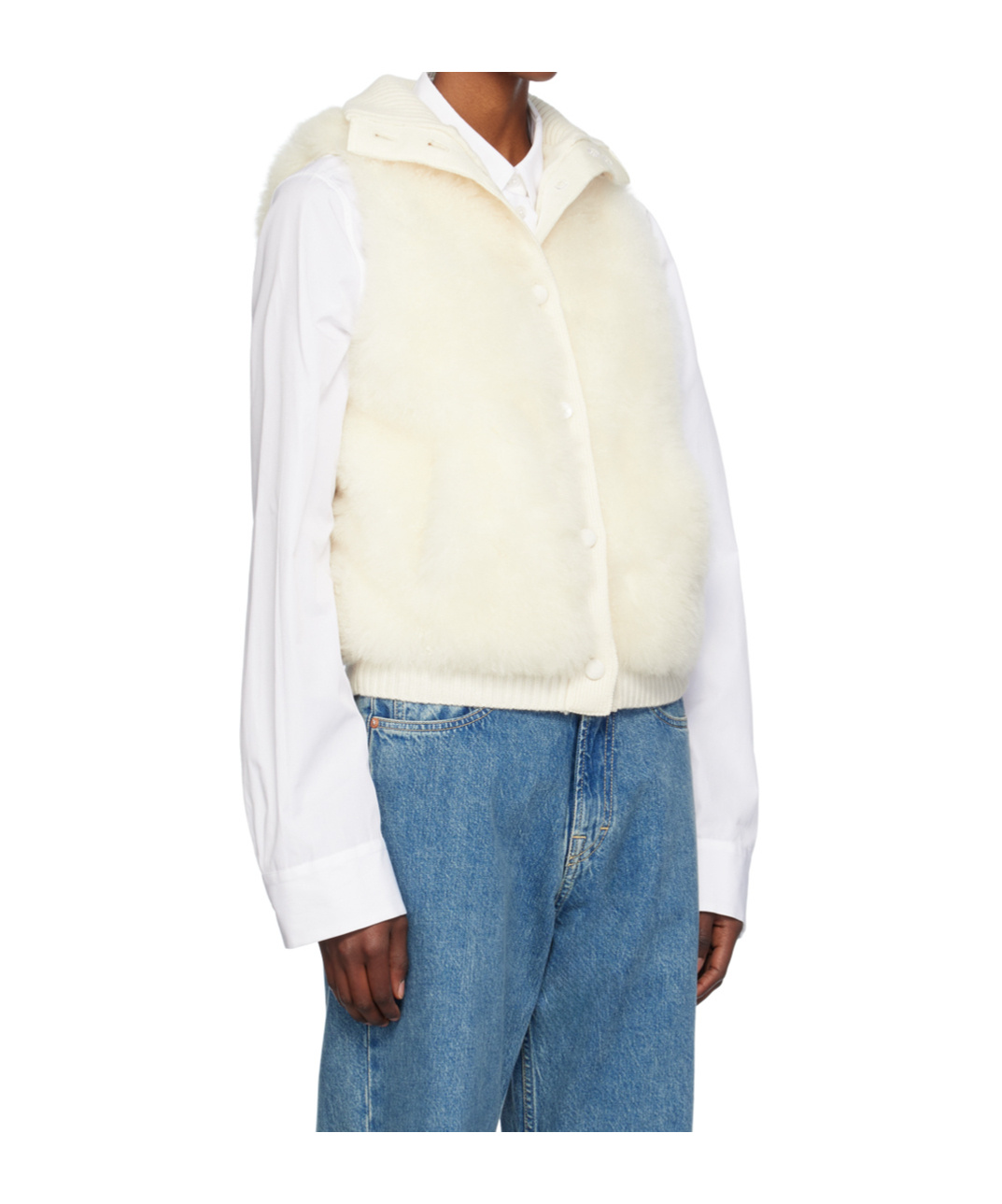Yves Salomon Lambskin And Fur Vest With Ribbed Collar And Button Closure In White