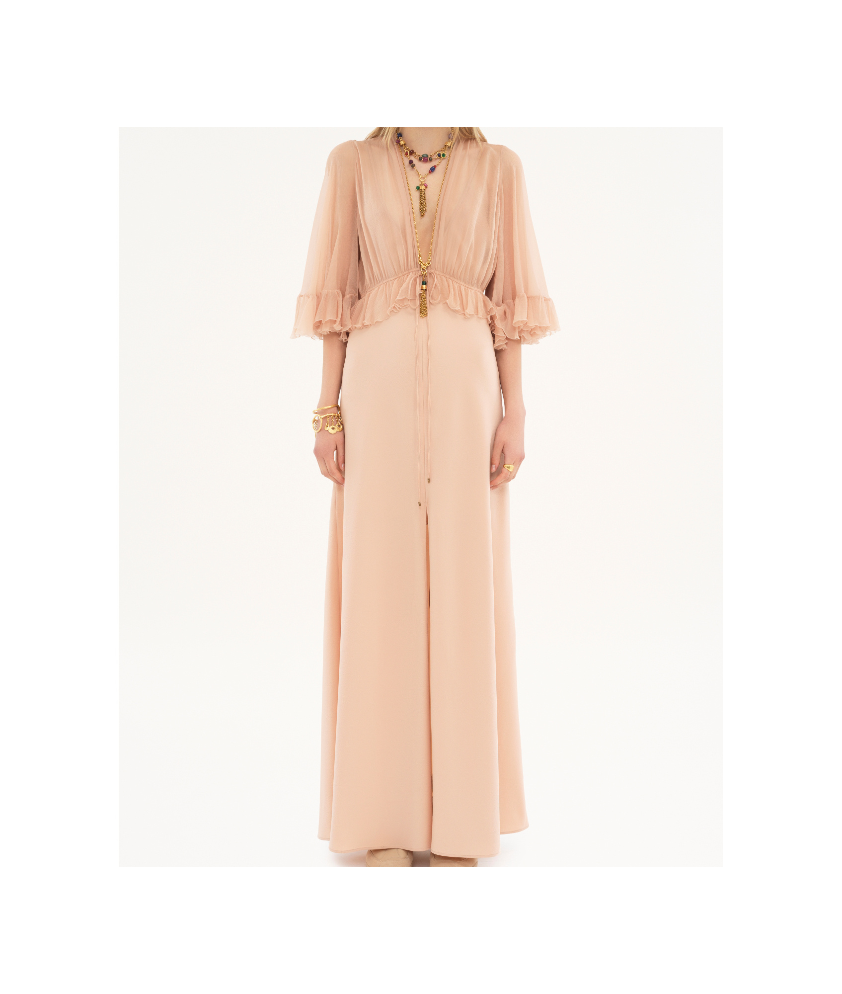 Chloé Robe Longue À Col En V En Crêpe De Satin Femme Rose Taille 40 100% Soie In Nude